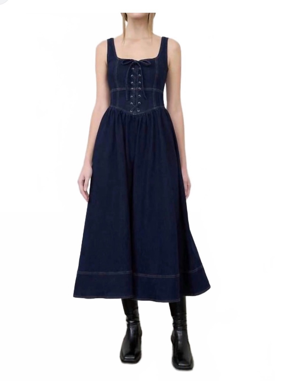 Moon River Denim Corset Lace-up Midi Dress